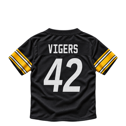 Pittsburgh Steelers jersey keychain — Car'lin Vigers #42. Exact saved player artwork preview.