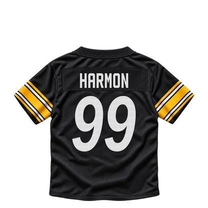 Pittsburgh Steelers jersey keychain — Derrick Harmon #99. Exact saved player artwork preview.