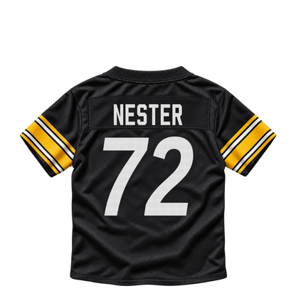 Pittsburgh Steelers jersey keychain — Doug Nester #72. Exact saved player artwork preview.