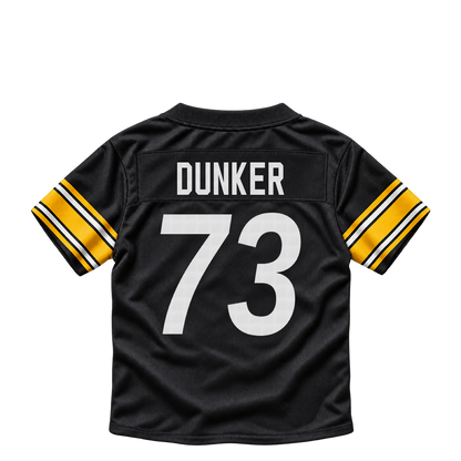 Pittsburgh Steelers jersey keychain — Gennings Dunker #73. Exact saved player artwork preview.