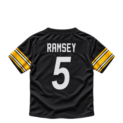 Pittsburgh Steelers jersey keychain — Jalen Ramsey #5. Exact saved player artwork preview.