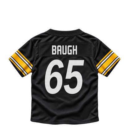Pittsburgh Steelers jersey keychain — Kyler Baugh #65. Exact saved player artwork preview.