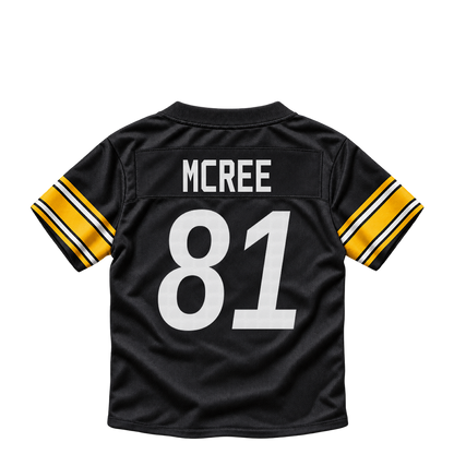 Pittsburgh Steelers jersey keychain — Lake McRee #81. Exact saved player artwork preview.