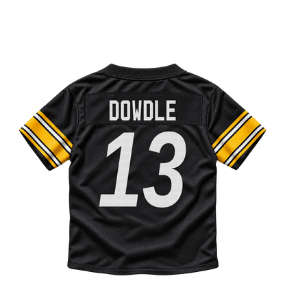 Pittsburgh Steelers jersey keychain — Rico Dowdle #13. Exact saved player artwork preview.