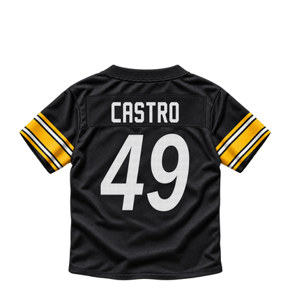 Pittsburgh Steelers jersey keychain — Sebastian Castro #49. Exact saved player artwork preview.