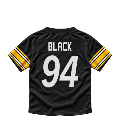 Pittsburgh Steelers jersey keychain — Yahya Black #94. Exact saved player artwork preview.