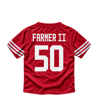 San Francisco 49ers jersey keychain — Andrew Farmer II #50. Exact saved player artwork preview.