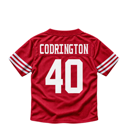 San Francisco 49ers jersey keychain — Brandon Codrington #40. Exact saved player artwork preview.