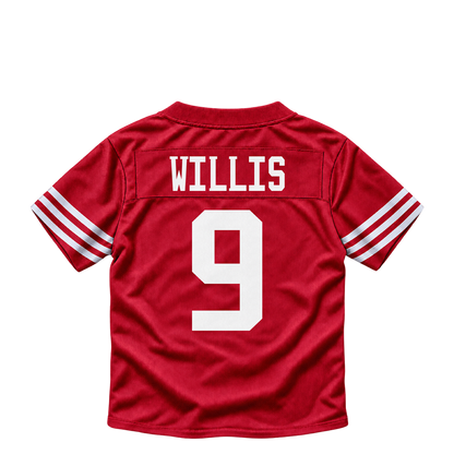 San Francisco 49ers jersey keychain — Brayden Willis #9. Exact saved player artwork preview.