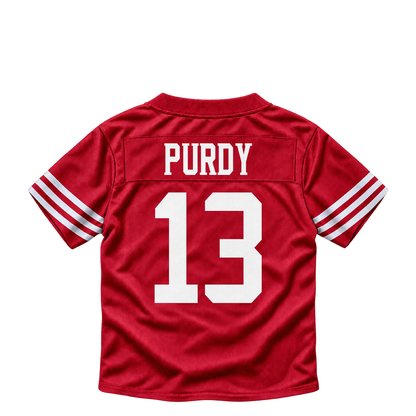 San Francisco 49ers jersey keychain — Brock Purdy #13. Exact saved player artwork preview.
