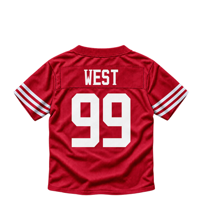 San Francisco 49ers jersey keychain — C.J. West #99. Exact saved player artwork preview.