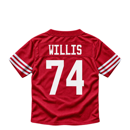 San Francisco 49ers jersey keychain — Carver Willis #74. Exact saved player artwork preview.
