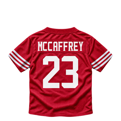 San Francisco 49ers jersey keychain — Christian McCaffrey #23. Exact saved player artwork preview.