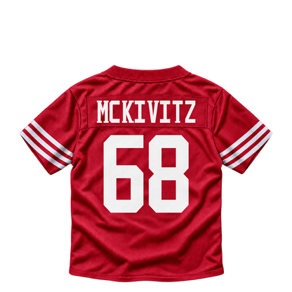 San Francisco 49ers jersey keychain — Colton McKivitz #68. Exact saved player artwork preview.