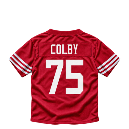 San Francisco 49ers jersey keychain — Connor Colby #75. Exact saved player artwork preview.
