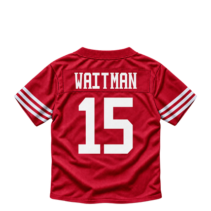 San Francisco 49ers jersey keychain — Corliss Waitman #15. Exact saved player artwork preview.