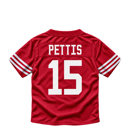 San Francisco 49ers jersey keychain — Dante Pettis #15. Exact saved player artwork preview.