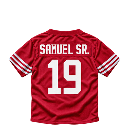 San Francisco 49ers jersey keychain — Deebo Samuel Sr. #19. Exact saved player artwork preview.