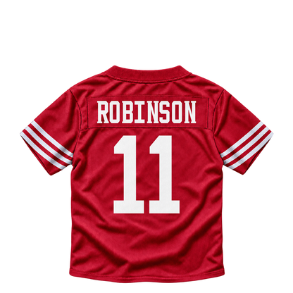 San Francisco 49ers jersey keychain — Demarcus Robinson #11. Exact saved player artwork preview.