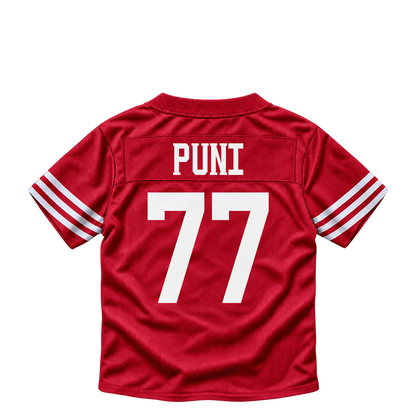 San Francisco 49ers jersey keychain — Dominick Puni #77. Exact saved player artwork preview.
