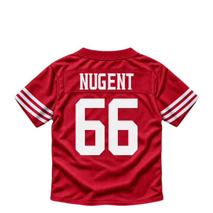 San Francisco 49ers jersey keychain — Drake Nugent #66. Exact saved player artwork preview.