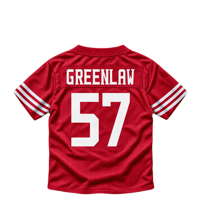 San Francisco 49ers jersey keychain — Dre Greenlaw #57. Exact saved player artwork preview.
