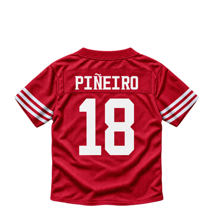 San Francisco 49ers jersey keychain — Eddy Piñeiro #18. Exact saved player artwork preview.
