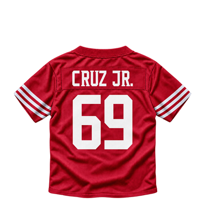 San Francisco 49ers jersey keychain — Enrique Cruz Jr. #69. Exact saved player artwork preview.