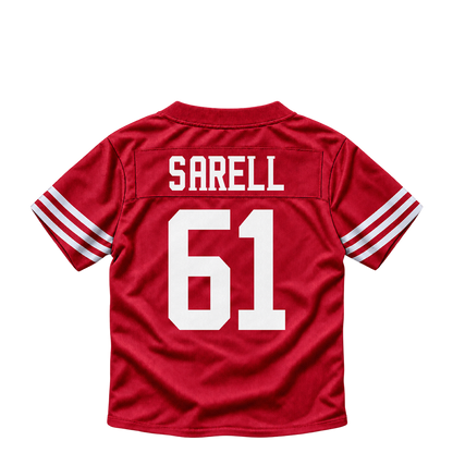 San Francisco 49ers jersey keychain — Foster Sarell #61. Exact saved player artwork preview.