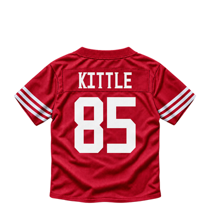 San Francisco 49ers jersey keychain — George Kittle #85. Exact saved player artwork preview.