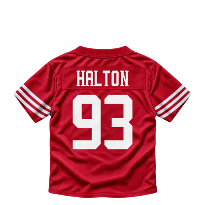 San Francisco 49ers jersey keychain — Gracen Halton #93. Exact saved player artwork preview.