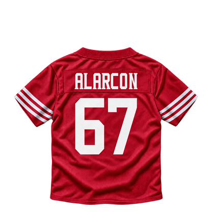 San Francisco 49ers jersey keychain — Isaac Alarcon #67. Exact saved player artwork preview.