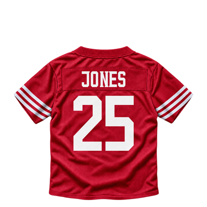 San Francisco 49ers jersey keychain — Jack Jones #25. Exact saved player artwork preview.