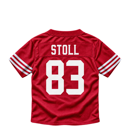 San Francisco 49ers jersey keychain — Jack Stoll #83. Exact saved player artwork preview.