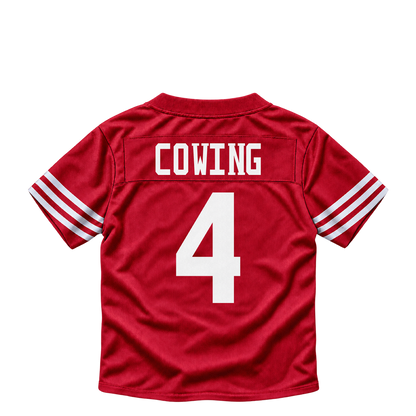 San Francisco 49ers jersey keychain — Jacob Cowing #4. Exact saved player artwork preview.