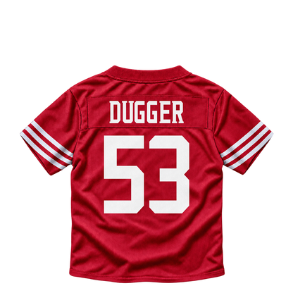 San Francisco 49ers jersey keychain — Jaden Dugger #53. Exact saved player artwork preview.