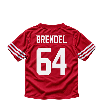 San Francisco 49ers jersey keychain — Jake Brendel #64. Exact saved player artwork preview.
