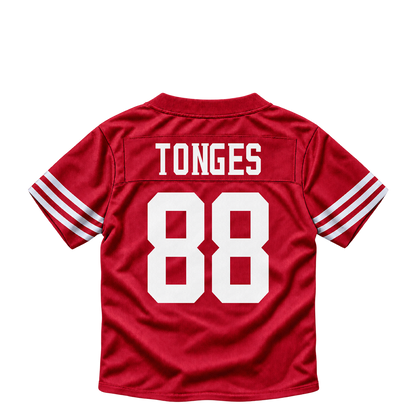 San Francisco 49ers jersey keychain — Jake Tonges #88. Exact saved player artwork preview.