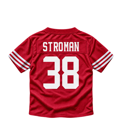San Francisco 49ers jersey keychain — Jalen Stroman #38. Exact saved player artwork preview.