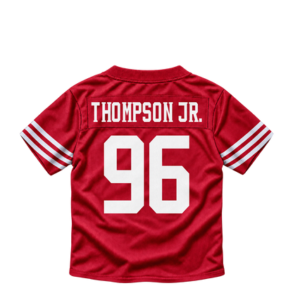 San Francisco 49ers jersey keychain — James Thompson Jr. #96. Exact saved player artwork preview.