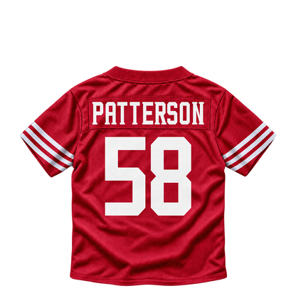 San Francisco 49ers jersey keychain — Jarrett Patterson #58. Exact saved player artwork preview.