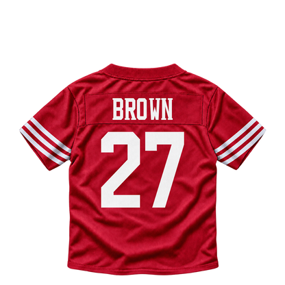 San Francisco 49ers jersey keychain — Ji'Ayir Brown #27. Exact saved player artwork preview.
