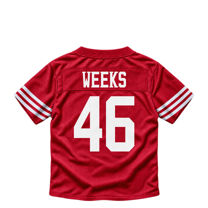 San Francisco 49ers jersey keychain — Jon Weeks #46. Exact saved player artwork preview.