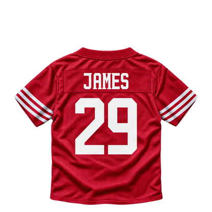 San Francisco 49ers jersey keychain — Jordan James #29. Exact saved player artwork preview.