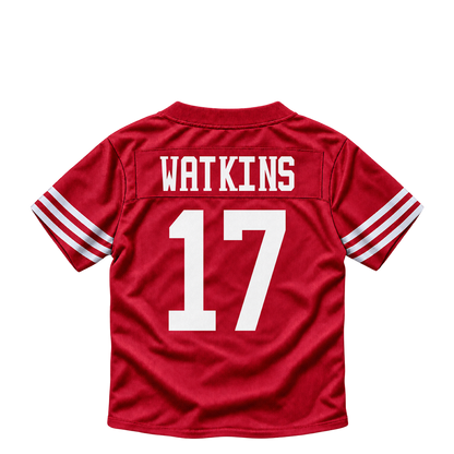 San Francisco 49ers jersey keychain — Jordan Watkins #17. Exact saved player artwork preview.