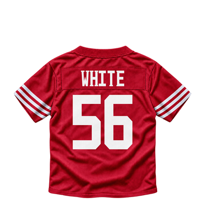 San Francisco 49ers jersey keychain — Keion White #56. Exact saved player artwork preview.