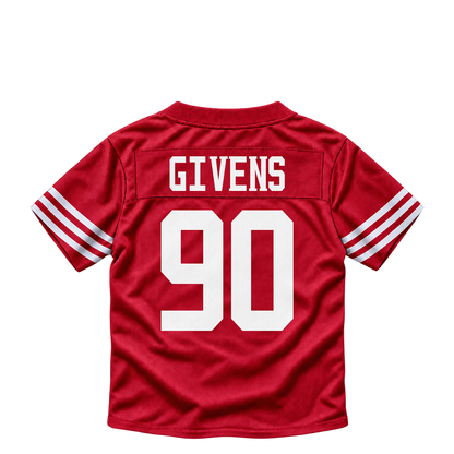 San Francisco 49ers jersey keychain — Kevin Givens #90. Exact saved player artwork preview.