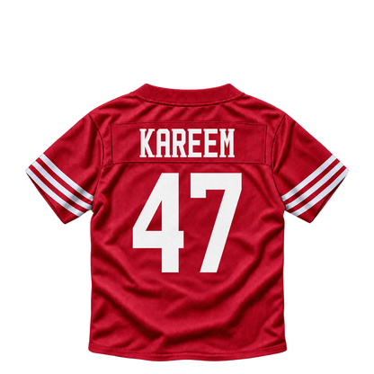 San Francisco 49ers jersey keychain — Khalid Kareem #47. Exact saved player artwork preview.