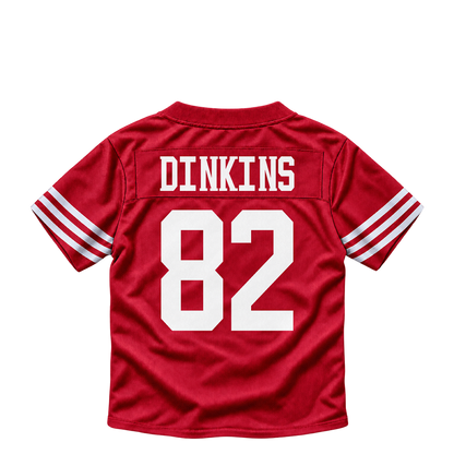 San Francisco 49ers jersey keychain — Khalil Dinkins #82. Exact saved player artwork preview.