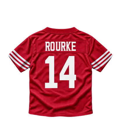 San Francisco 49ers jersey keychain — Kurtis Rourke #14. Exact saved player artwork preview.
